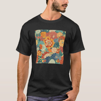 Retro Japanese Flower Woodblock Abstract Floral Pa T-Shirt