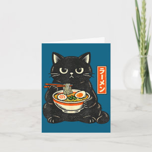 Retro japanese kawaii ramen cat eating noodles card