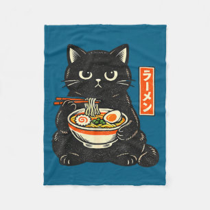 Retro japanese kawaii ramen cat eating noodles fleece blanket