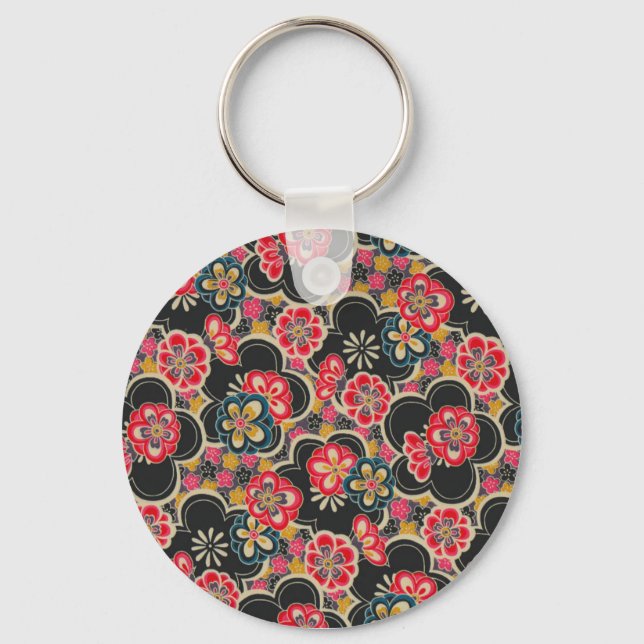 Retro Japanese Kimono Origami SakuraFlower Pattern Keychain (Front)