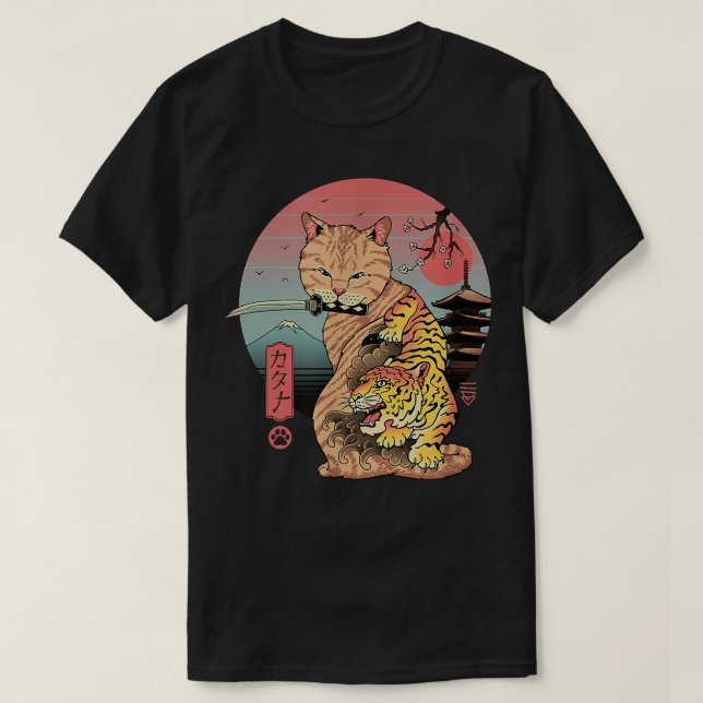 Retro Japanese Samurai Ninja Cat Kawaii Tattoo Cat T-Shirt (Design Front)