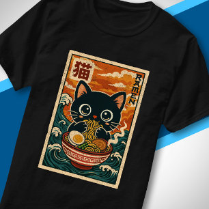 Retro Japanese Wave Cute Black Cat Eating Ramen T-Shirt
