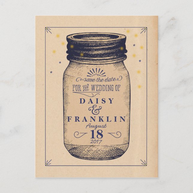 Retro Jar Save the Date - Telegram Style - Navy Announcement Postcard (Front)