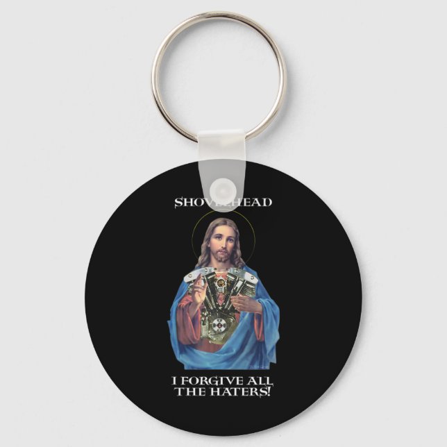 Retro Jesus Shovelhead I Forgive all the haters Bi Keychain (Front)