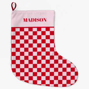Retro Jingle And Mingle Christmas Checkerboard Red Large Christmas Stocking