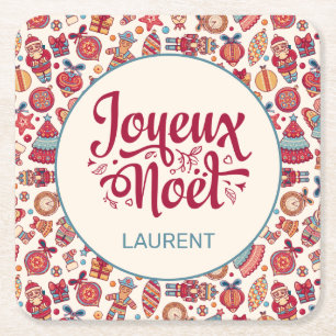 Retro Joyeux Noel Personalized Square Paper Coaster