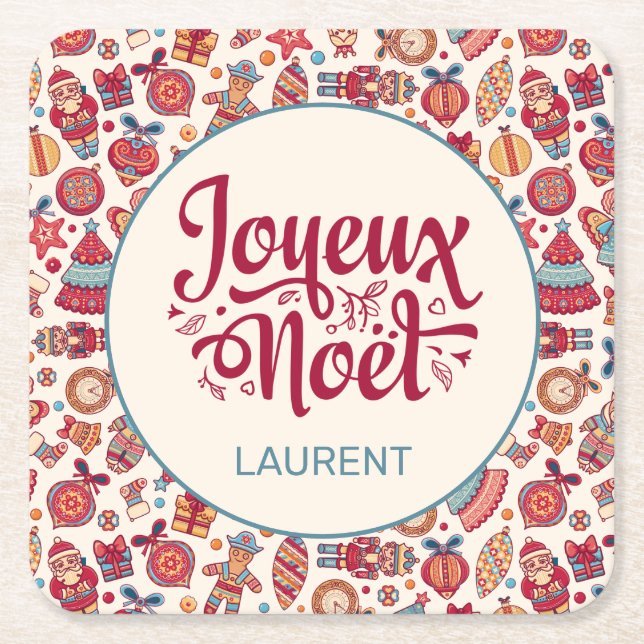 Retro Joyeux Noel Personalized Square Paper Coaster (Front)