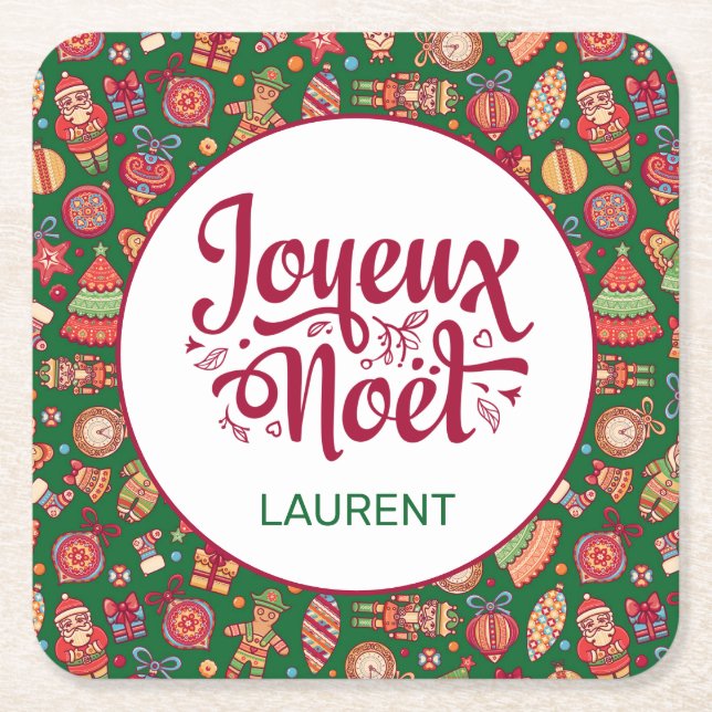 Retro Joyeux Noel Personalized Square Paper Coaster (Front)
