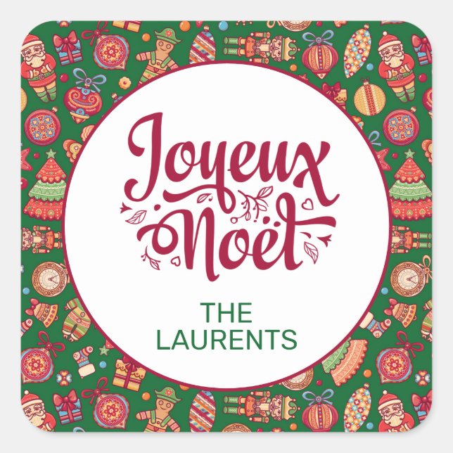 Retro Joyeux Noel Personalized Square Sticker (Front)
