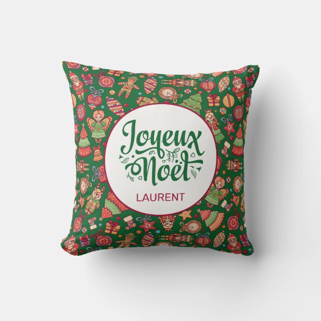 Retro Joyeux Noel Personalized Throw Pillow (Front)
