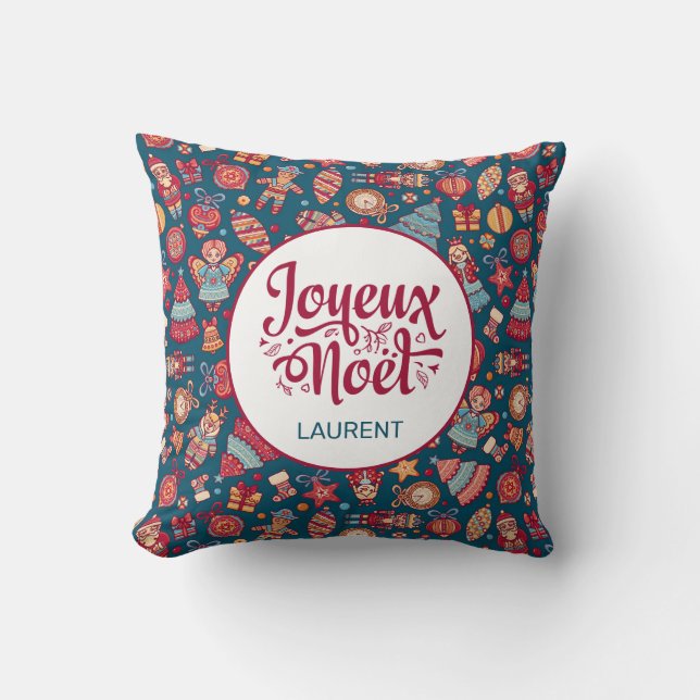Retro Joyeux Noel Personalized Throw Pillow (Front)