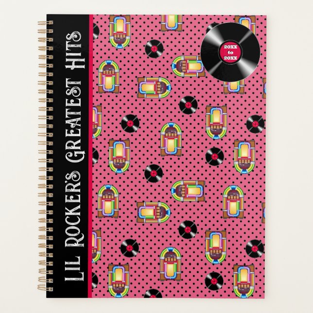 Retro Jukebox Vinyl Records Music Pink Personalize Planner (Front)