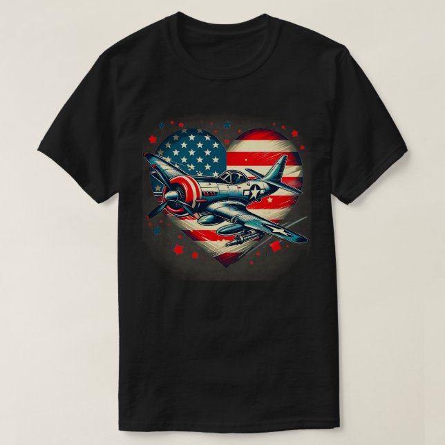 Retro july 4th Fighter Jet Airplane American Flag  T-Shirt (Design Front)