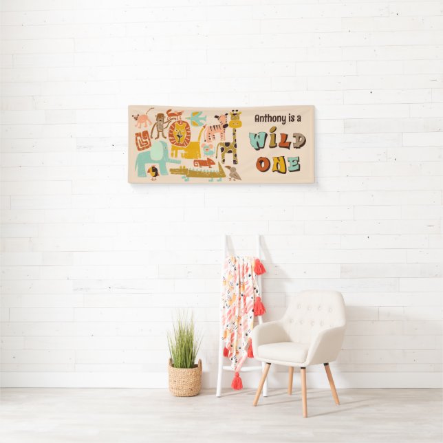 Retro Jungle Animals Wild One First Birthday Banner (Insitu)