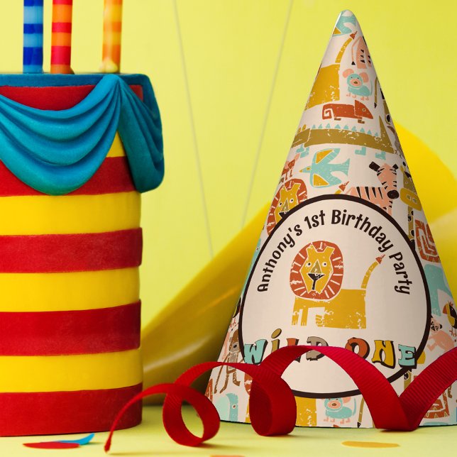 Retro Jungle Animals Wild One First Birthday Party Hat (Creator Uploaded)