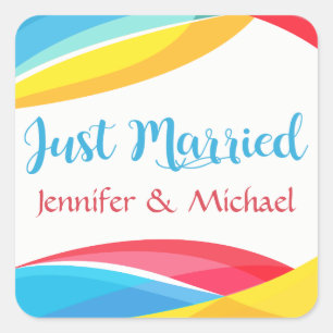 Retro Just Married Wedding Rainbow Wave Red Yellow Square Sticker