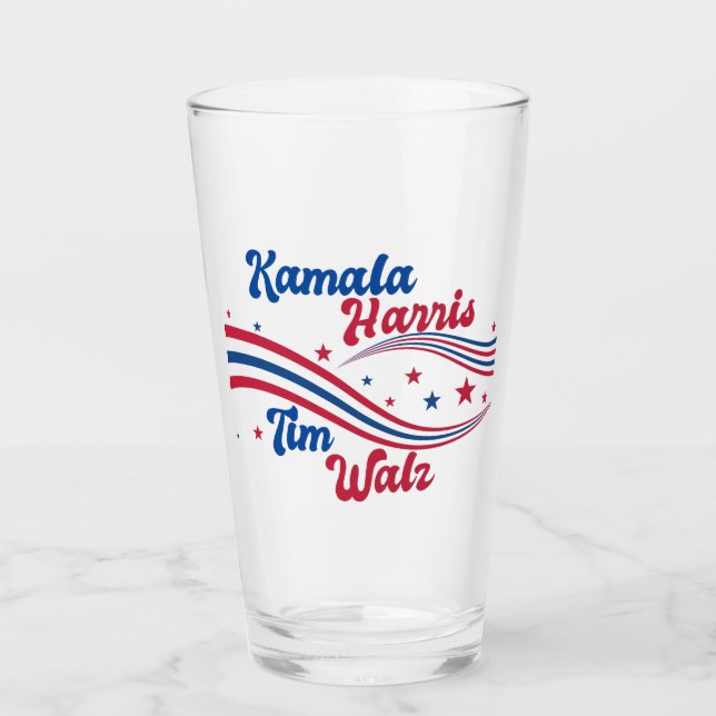 Retro Kamala Harris Tim Walz Cute Election Glass (Front)