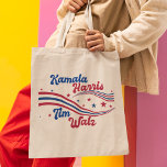 Retro Kamala Harris Tim Walz Cute Election Tote Bag<br><div class="desc">This cute retro Kamala Harris Tim Walz tote bag features stars and wavy stripes in blue and red for the USA. A cool patriotic American democrat gift in fun vintage font.</div>