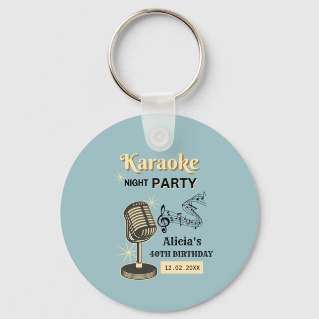 Retro Karaoke Night Party Teal & Cream Birthday Keychain (Front)