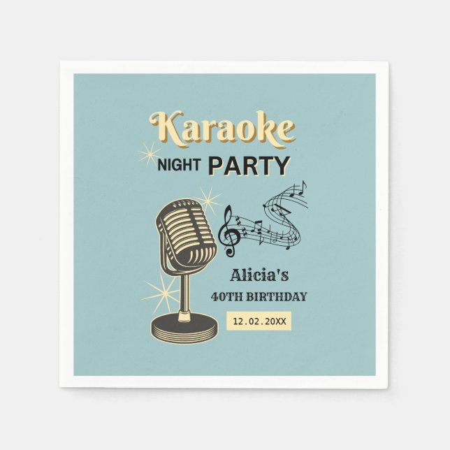 Retro Karaoke Night Party Teal & Cream Birthday Napkin (Front)