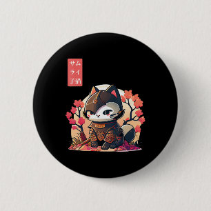 Retro Kawaii Samurai Cat with Cherry Blossom Tree 2 Inch Round Button