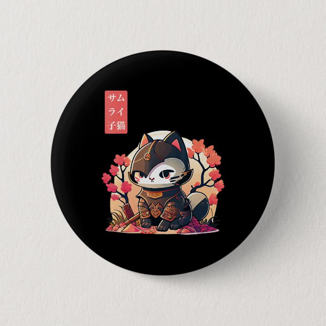 Retro Kawaii Samurai Cat with Cherry Blossom Tree  2 Inch Round Button (Front)