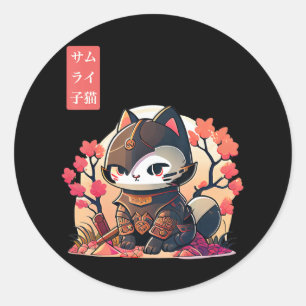 Retro Kawaii Samurai Cat with Cherry Blossom Tree Classic Round Sticker