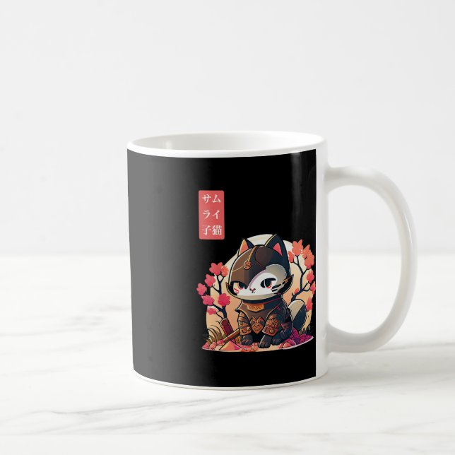 Retro Kawaii Samurai Cat with Cherry Blossom Tree  Coffee Mug (Right)