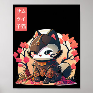 Retro Kawaii Samurai Cat with Cherry Blossom Tree  Poster
