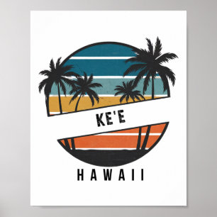 Retro Ke'e Beach Hawaii Surfboard Surfing Poster