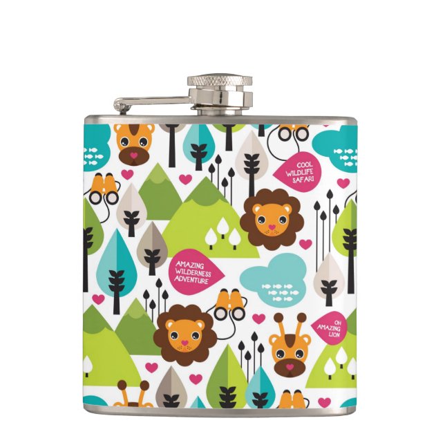 retro kids safari lion wildlife hip flask (Front)