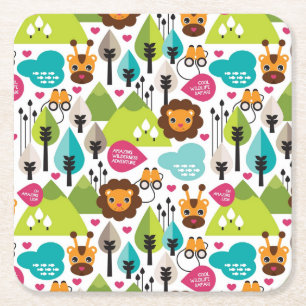 retro kids safari lion wildlife square paper coaster