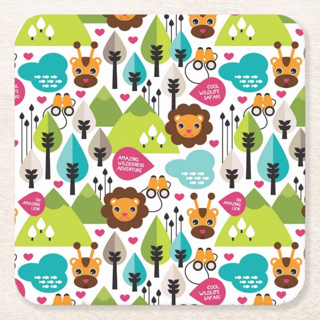 retro kids safari lion wildlife square paper coaster (Front)