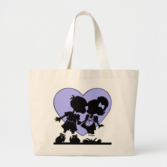Retro Kiss Cartoon Boy and Girl Blue heart Large Tote Bag (Front)