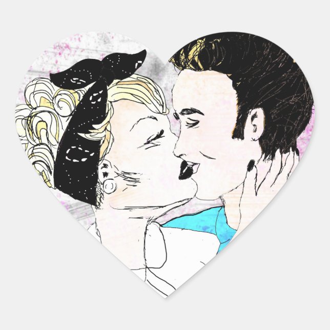 Retro Kissing Couple Heart Sticker (Front)