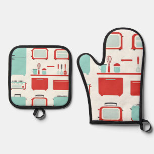 Retro Kitchen Appliances Pattern Oven Mitt & Pot Holder Set