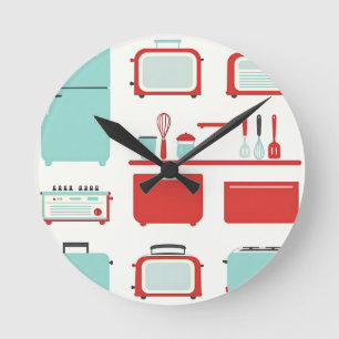 Retro Kitchen Appliances Pattern Round Clock