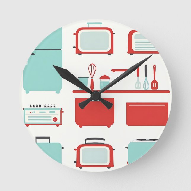 Retro Kitchen Appliances Pattern Round Clock (Front)
