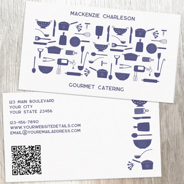Retro Kitchen Catering Bakery Cook QR Code Business Card (Navy indigo blue and white retro kitchen utensils QR code bakery, chef, catering, cafe business card)