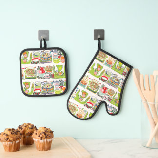 Retro Kitchen Cook Book Illustration Bright Green Oven Mitt & Pot Holder Set