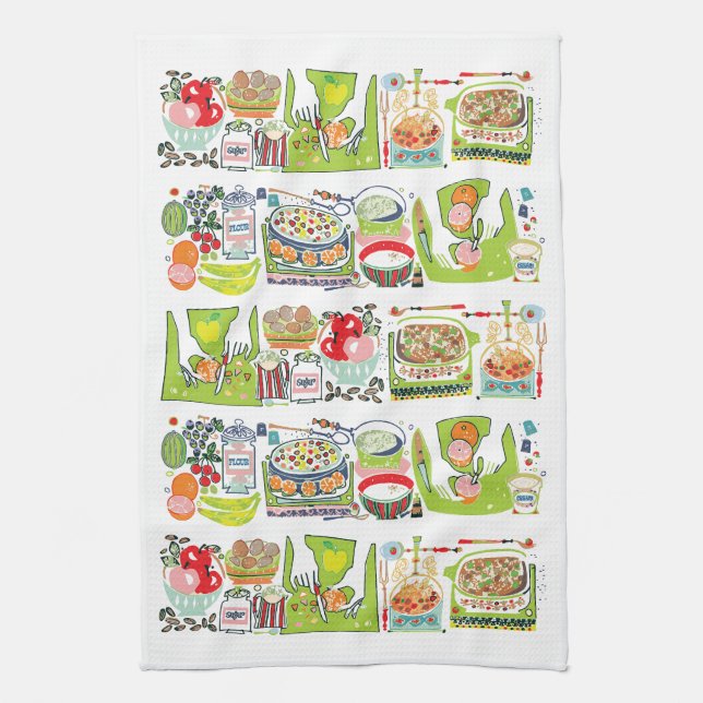 Retro Kitchen Cook Book Illustration Bright Green Towel (Vertical)