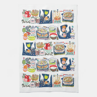 Retro Kitchen Cook Book Illustration Navy Blue Towel