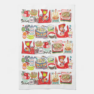 Retro Kitchen Cook Book Illustration Red Kitchen Towel