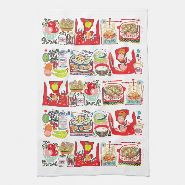 Retro Kitchen Cook Book Illustration Red Towel (Vertical)