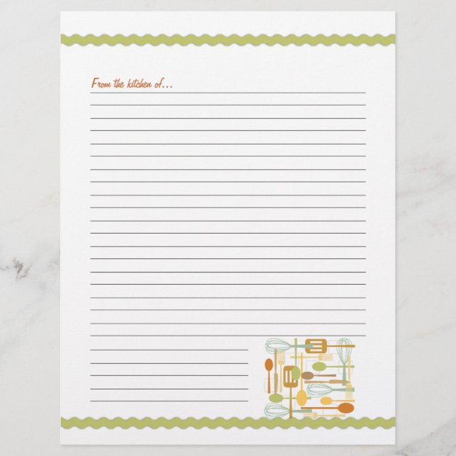 Retro Kitchen Cooking Utensils Recipe Pages (Front)