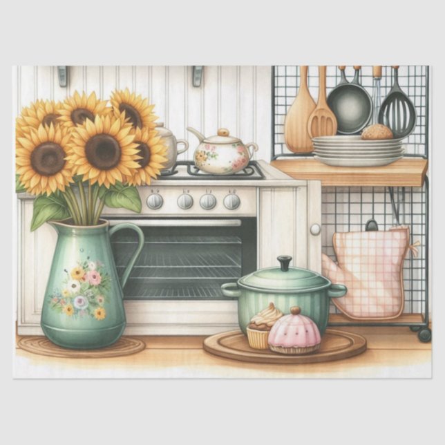 Retro  Kitchen Dishes and Sunflowers Craft  Tissue Paper (Front)