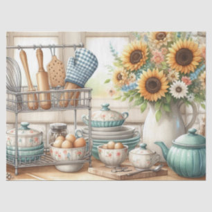 Retro Kitchen Dishes Teapot and Sunflowers  Tissue Paper