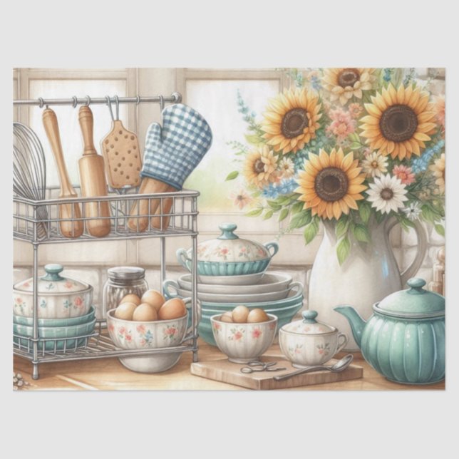 Retro Kitchen Dishes Teapot and Sunflowers  Tissue Paper (Front)