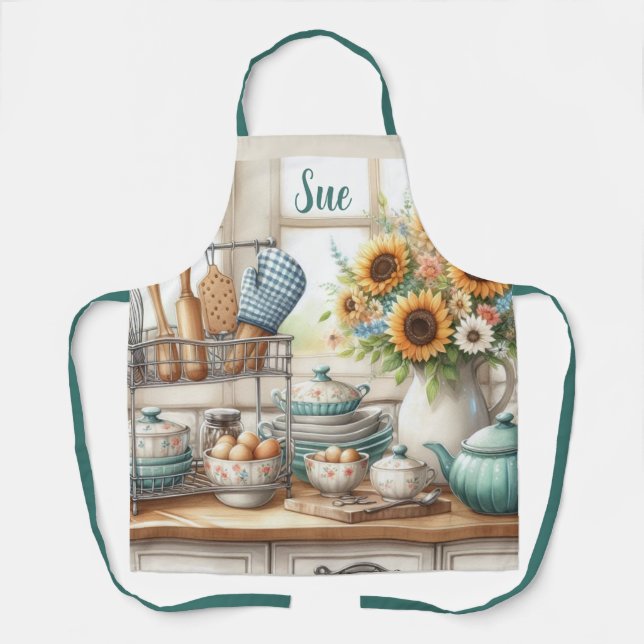 Retro Kitchen Dishes Teapot Personalized  Apron (Front)