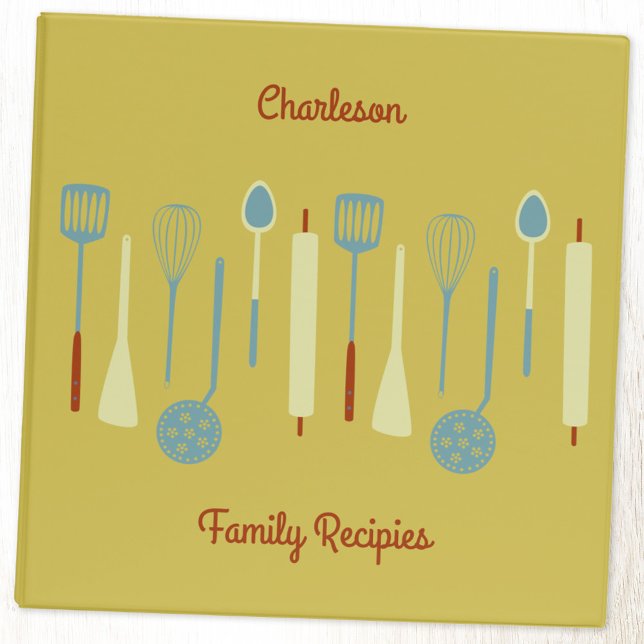 Retro Kitchen Family Recipe Personalized Binder (Family recipe personalized binder with editable text featuring retro kitchen implements and utensils)
